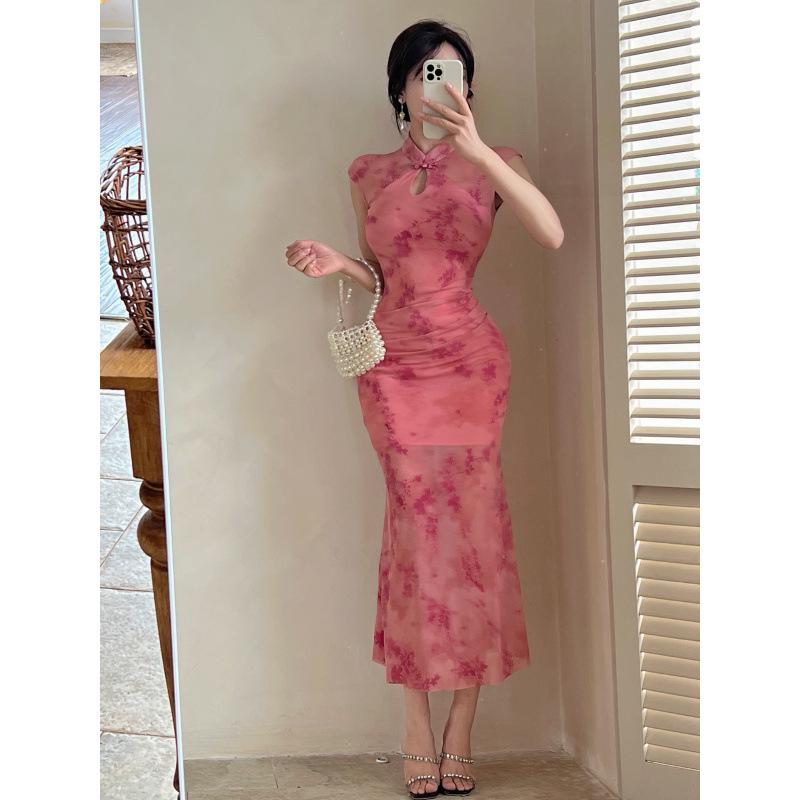 Reálná fotografie 9434 Sexy síťované patchworkové šaty Cheongsam do nočního klubu