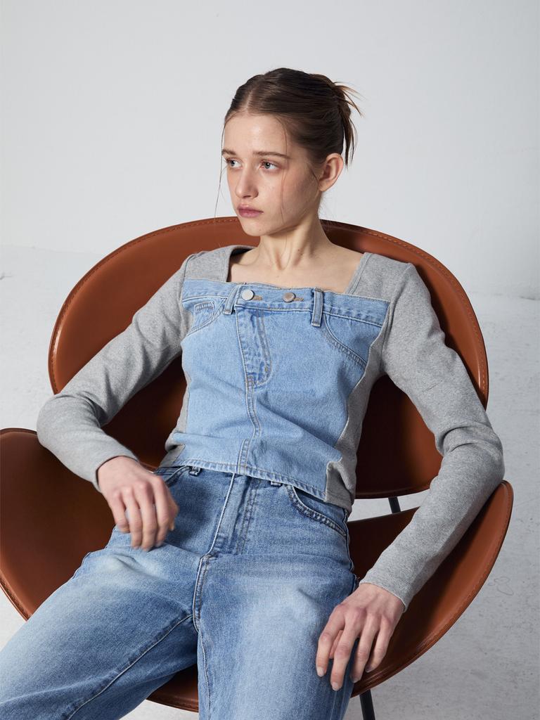 RENNESMIA Denim Patch Detail Top_Gray