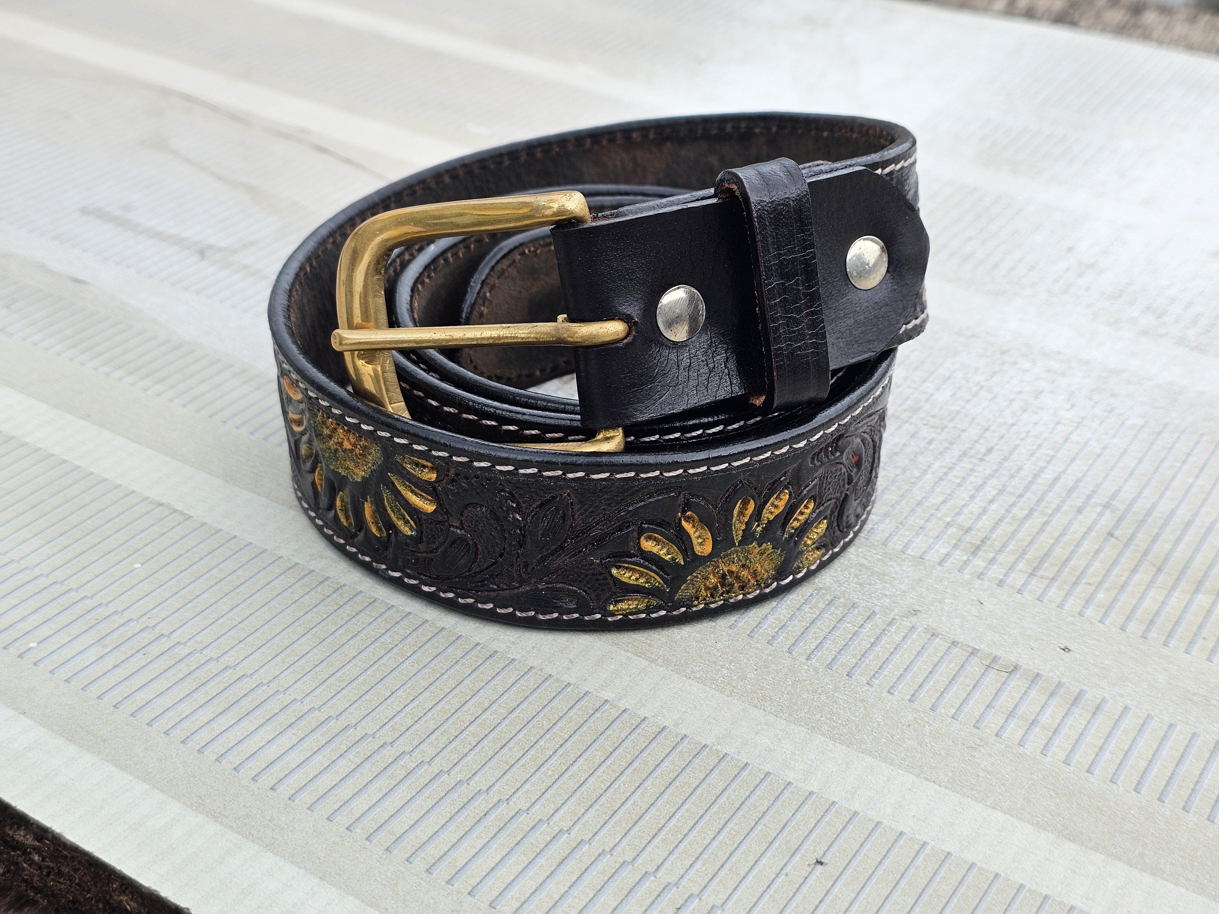 

Hand Tooled Black Leather Cowboy Belt – Floral Carved Western Rodeo Belt – Full Grain Handmade Ranch Men’s Outfit 48 inch - 52 inch чёрный