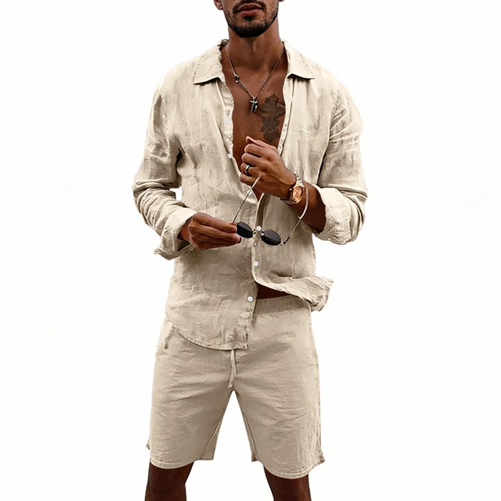 Men's Cotton And Linen Casual Long-Sleeve And Shorts Set