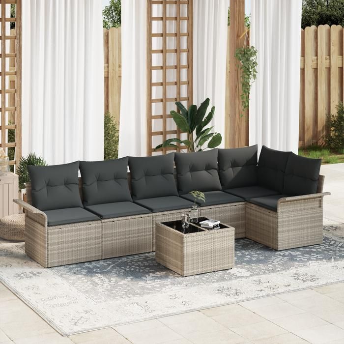 Set de Canapé de Jardin 7 Pièces avec Coussins Gris Rotin Synthétique, Canapé de Jardin 2 Places avec Rangement & Coussins 3354061