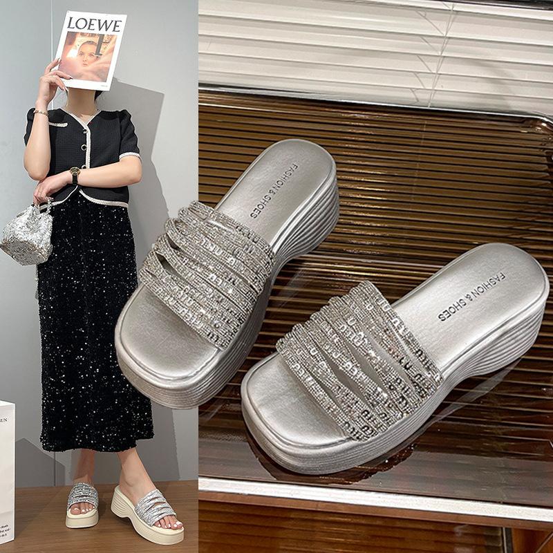 Thick-soled Heel Rhinestones 2025 Summer New Skirt Outer Wear with Fairy Wind Slope One-word Slippers Open-toed Cool Slippers