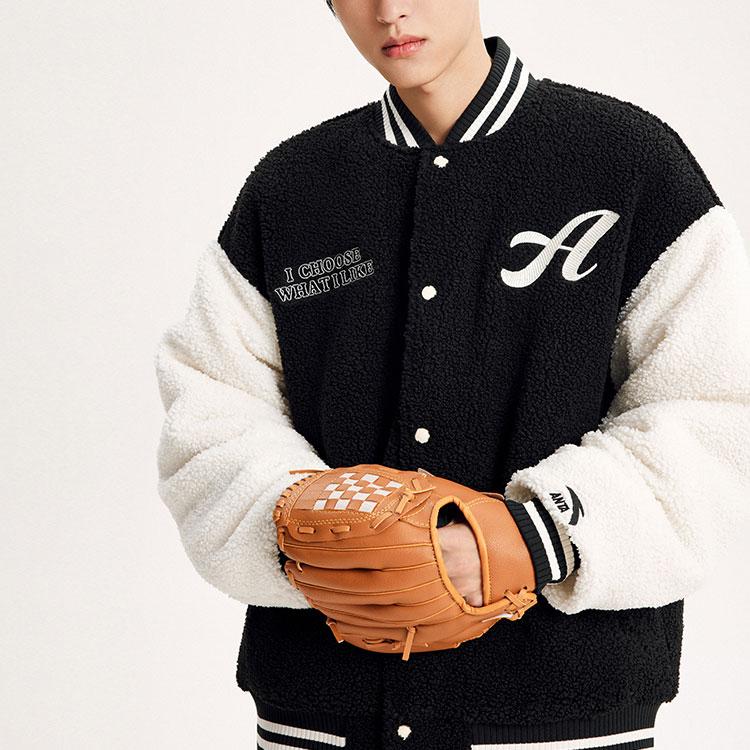 Anta Lifestyle Series Letter Print Color Block Single-Breasted Thickened Lamb Fleece Jacket Unisex Jacket Basic-Black 952348706-2