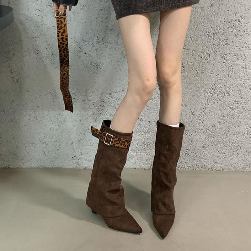 French two-wear boots women's pointed boots 2025 autumn and winter new slope heel boots but knee mid-tube pants tube boots