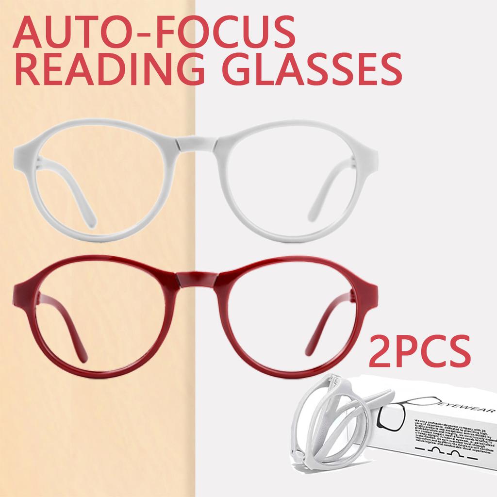2PCS Auto-Focus Foldable Reading Glasses – Portable Pocket Size Blue Light Blocking Stylish Round Frames Unisex Design