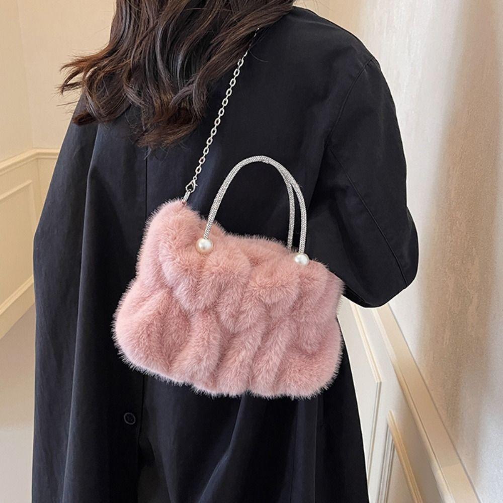 Korean Style Women Plush Shoulder Bag Solid Color Faux Fur Crossbody Bag Travel