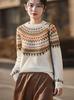 Women's Korean Style Fair Isle Wool Sweater - Loose Fit, Seamless Round Neck Jacquard Knitwear