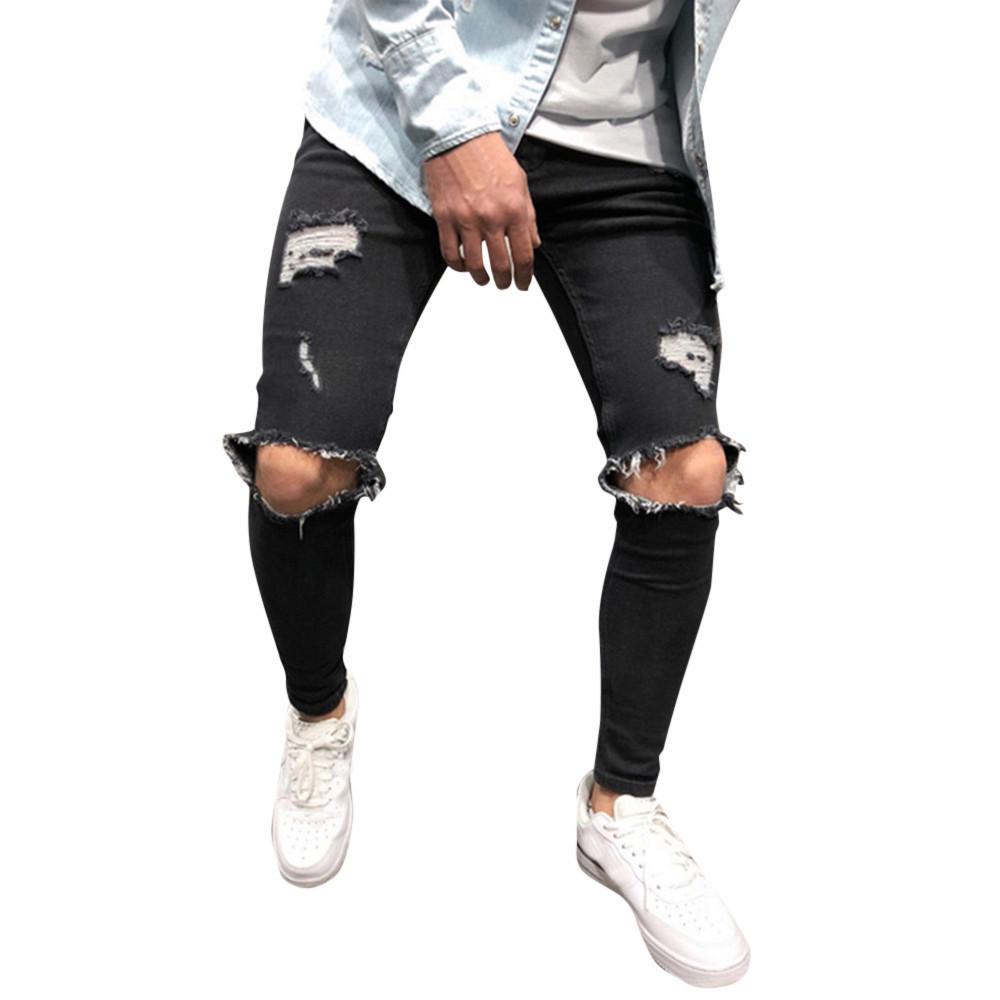 Pánské Skinny Stretch Džínové kalhoty Distressed Ripped Freyed Slim Fit džínové kalhoty