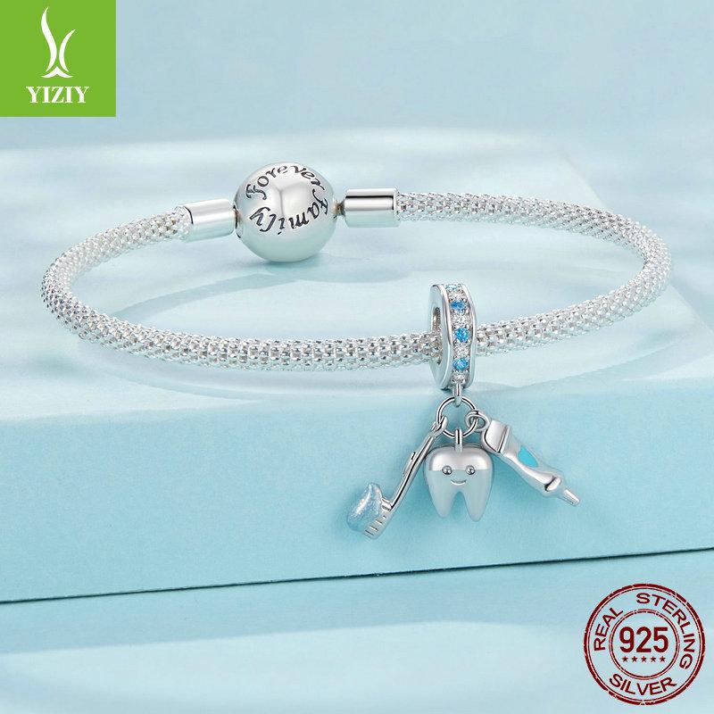 Mini Tooth Brushing Three-Piece Diy Pendant Accessories, Fun Design S925 Silver Beaded Accessories