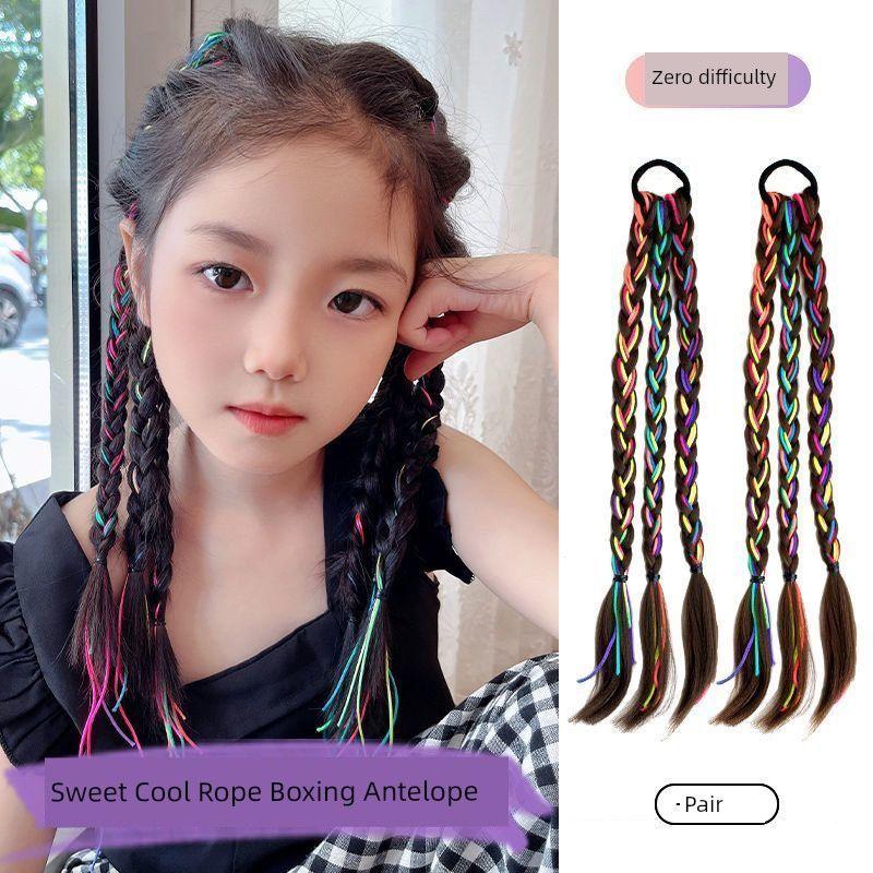 Kids Wig Braid Hair Ring Sweet Cool Boxing Braid Colorful Ropes Girl High Ponytail Twist Braid Rubber Band Headband Hair Accessories