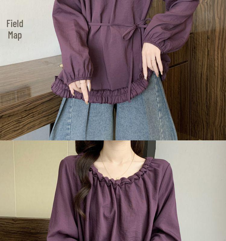 Plus Size Ruffled Waist Long Sleeve Shirt - Women's Spring/Autumn Korean Style, Slimming and Elegant Top