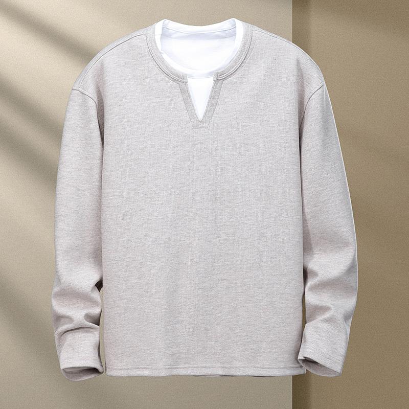 Men's Autumn Winter Pullover Contrasting Color Fake Two-piece Round Neck Long-sleeved Casual Fashion Shirt T-shirt Top