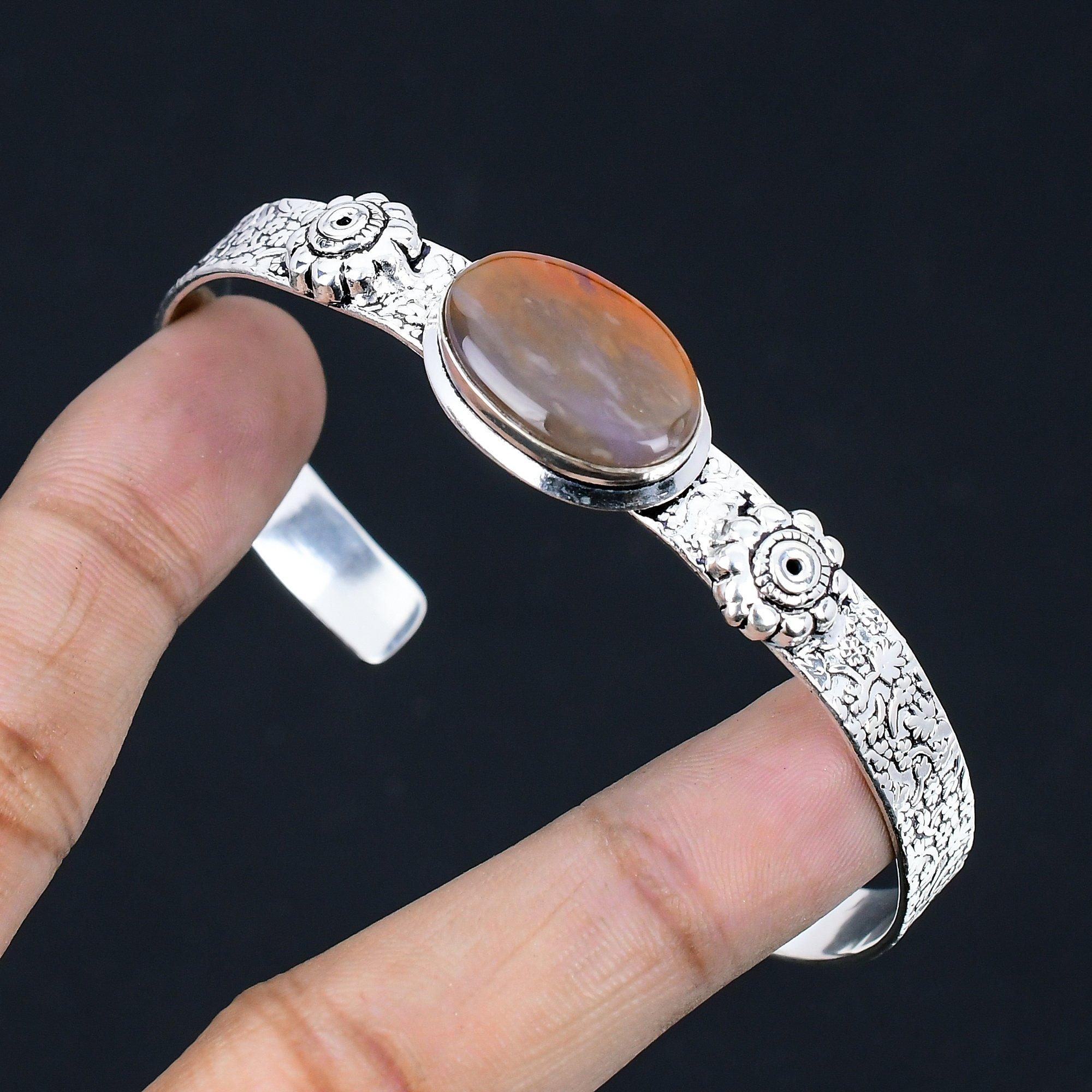 

Natural Plume Agate Gemstone Bangle Adjustable 925 Sterling Silver For Women Adjustable