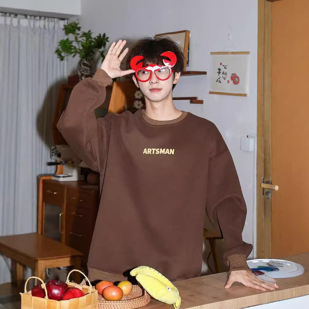 

Мужской флисовый свитер с круглым вырезом и принтом, осенне-зимний, японский спортивный пуловер для мальчиков 5XL темно-коричневого