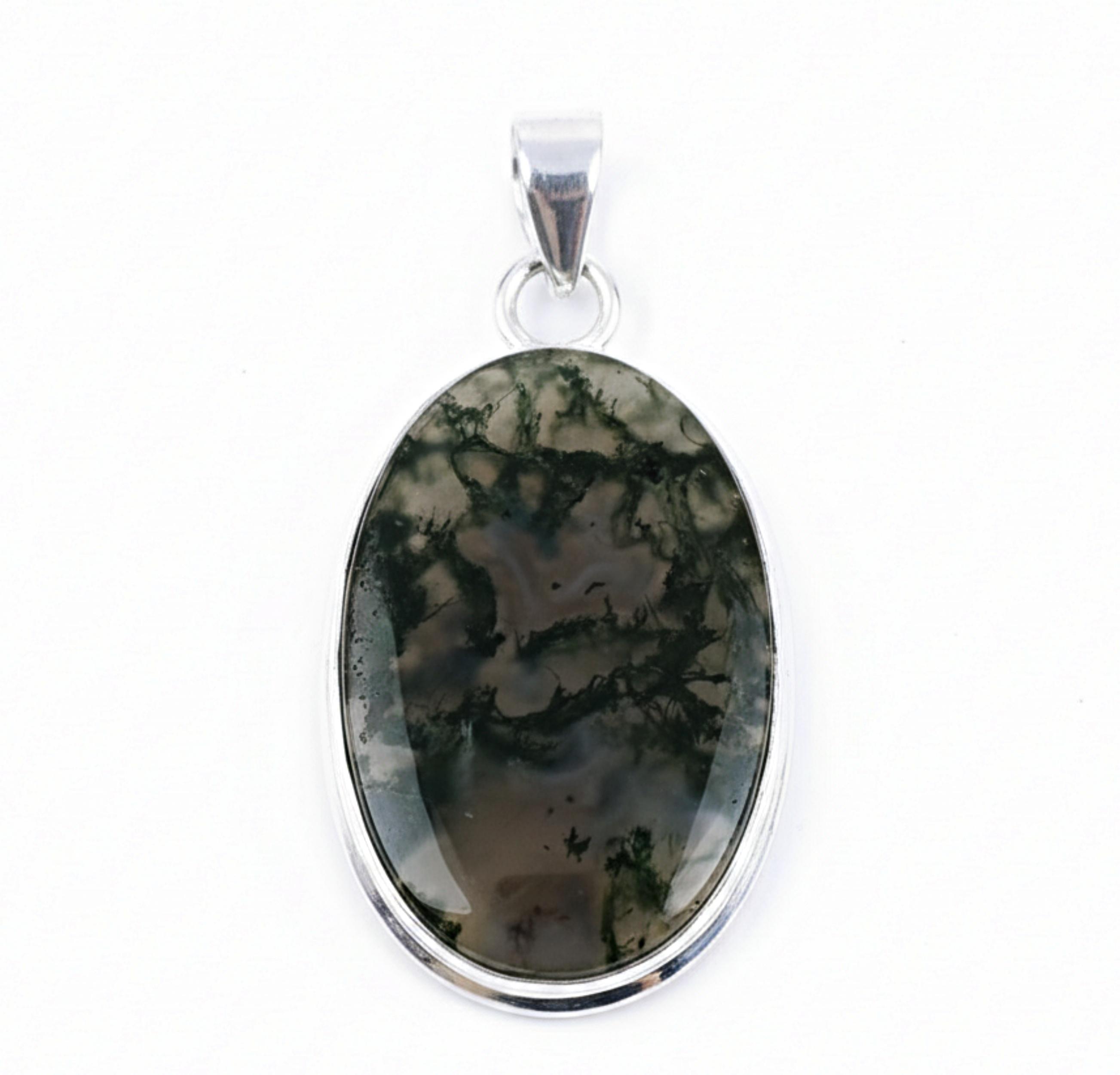 

Овальный кулон из мохового агата, 925 проба, цельное стерлинговое серебро, минималистичный женский кулон, кулон для повседневной носки серебряный