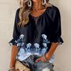 Women's Retro Floral Print Ruffle Three-Quarter Sleeve Blouse with Tie Neck