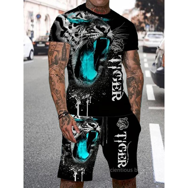 New Men's Summer Casual Everyday Short Sleeve and Shorts Set Cool The Lion King Print T-Shirt and Drawstring Short Set Men's Set