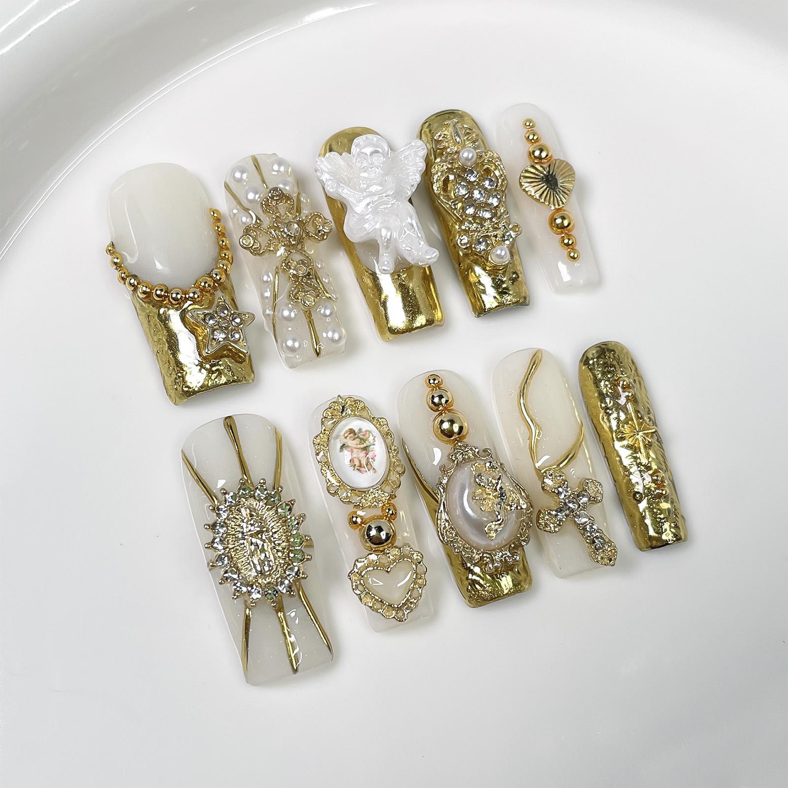 10Pcs Pearl Diamond Angel Decor Artificial Nails for Crafts S золотистый