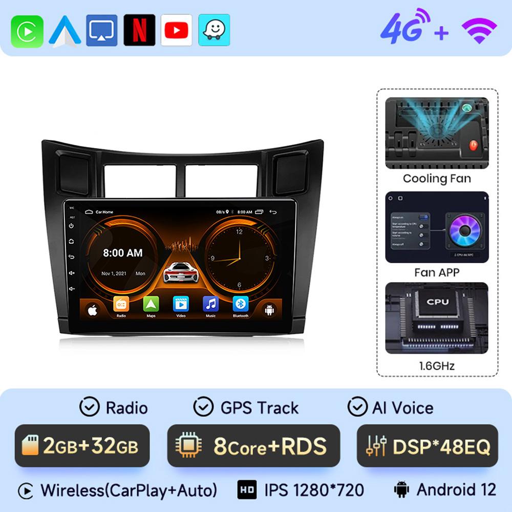 2 Din Car Radio Multimedia Player For Toyota Yaris 2005-2012 Android 12 4G GPS WIFI Navigation Stereo Head Unit Carplay   4