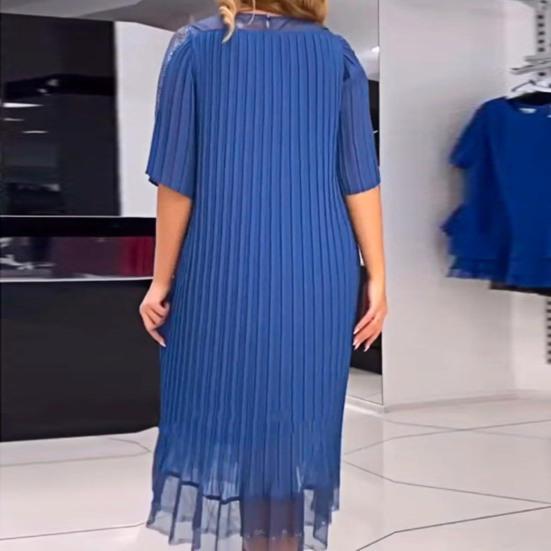 Women Dress Half Sleeve O Neck Double-layer Mesh Patchwork Ruffle Hem Plus Size Solid Color Loose Mid-calf Length Striped Soft Lady Dress