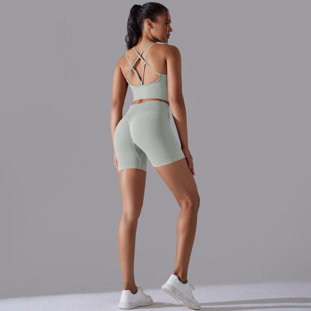 Seamless Knitted Solid Color Back High Elasticity Sports Tight Yoga Suit Set Running Fitness Two Piece Set