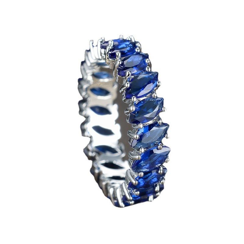 In stock, platinum K T-ring-shaped royal blue leaf-shaped creative fashion ring.