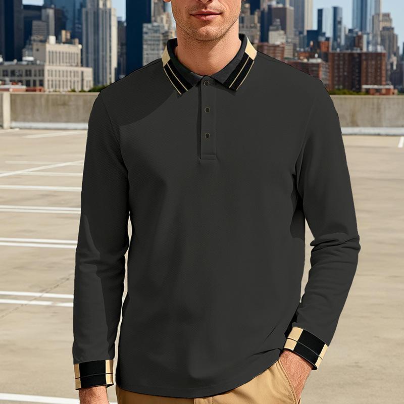 Nowa wiosenno-jesienna luźna męska koszulka polo jacquard w jednolitym kolorze, z długim rękawem