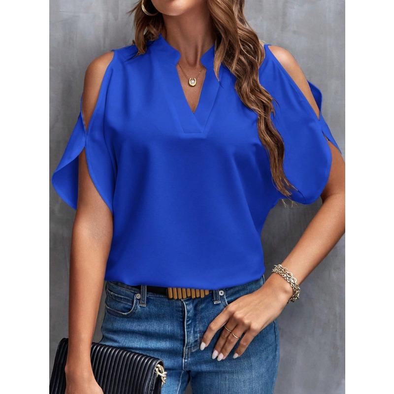 Women's summer new solid color V-neck temperament fashion off-the-shoulder sleeves women's top