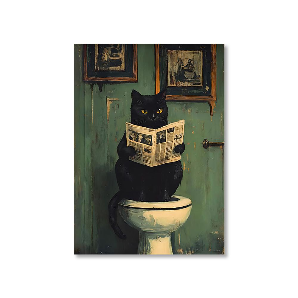 1 Stück rahmenloses lustiges Tier liest Zeitung auf der Toilette Poster Leinwandbild Affe Hund Schwarze Katze Badezimmer Wandkunst Heimdekoration