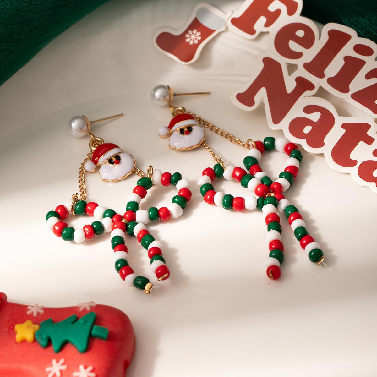 Новая рождественская серия Серьги с оленем и Сантой Объемные мультяшные Серьги из рисовых бусин с бантом Женские