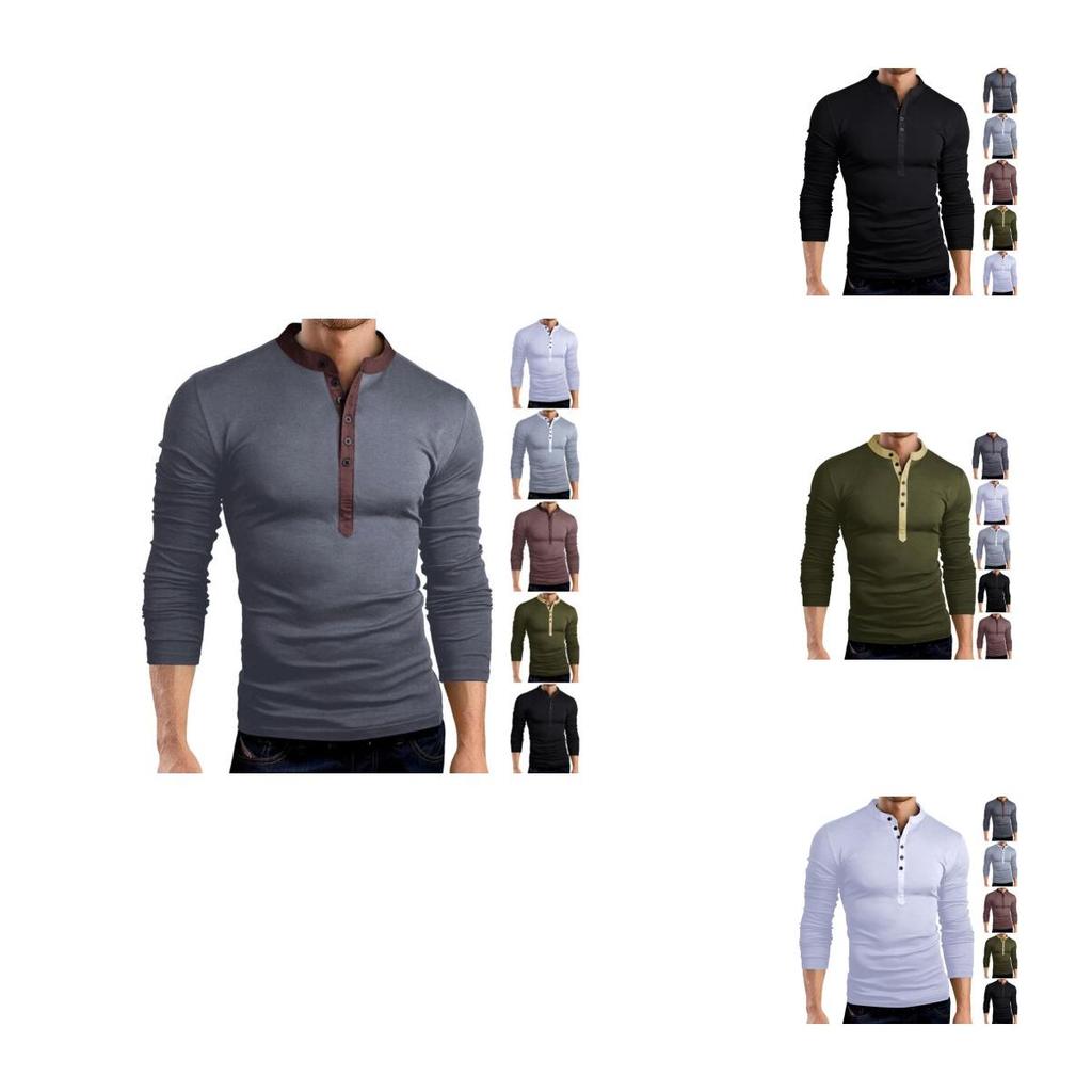 Premium Quality T-shirt Men Fashion Button Front Long Sleeve V-neck Solid Casual Slim Fit
