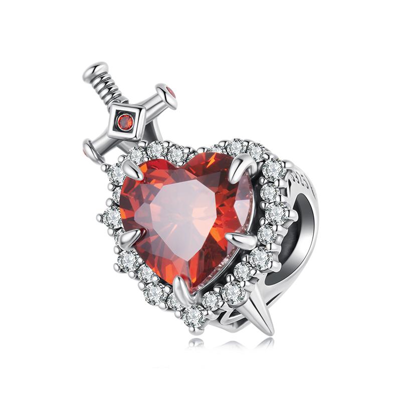 WOSTU 925 Sterling Silver Red Heart Sword CharmTarot Card Bead Chinese Mythology Nezha Pendant Fit Original Bracelet DIY Gift