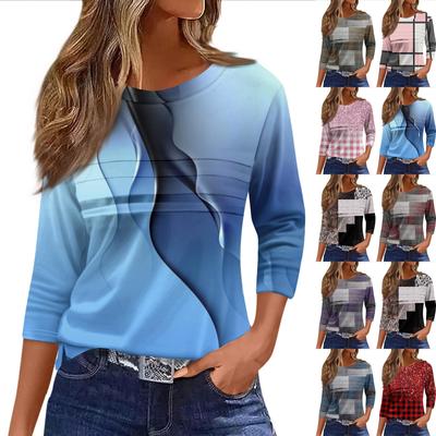 Women's Fashion Casual Loose 3/4 Sleeve Striped Printed Round Neck Top