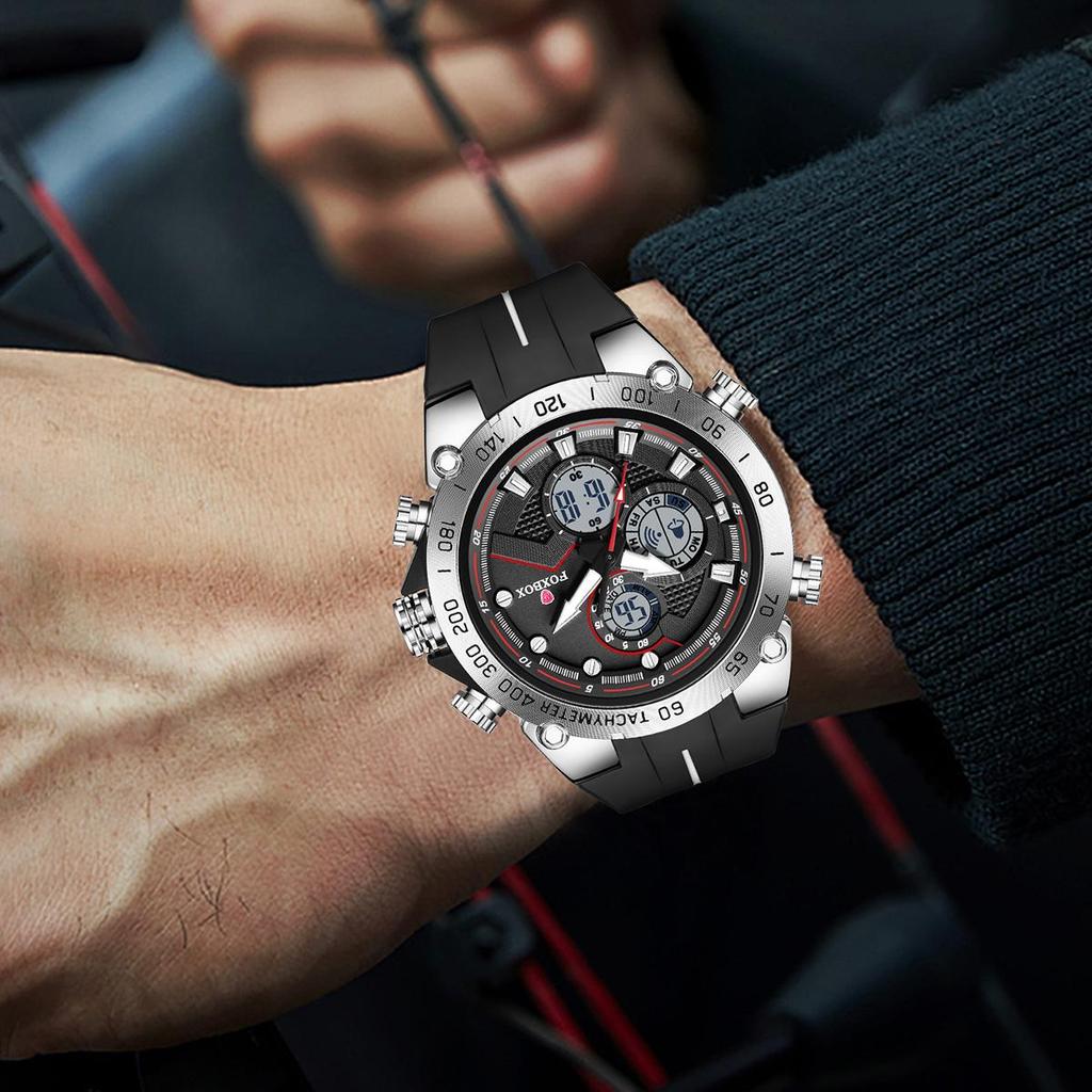 FOXBOX Fashion Big Dial  Men Watch LED Display Sports Waterproof  Men's Quartz Watch