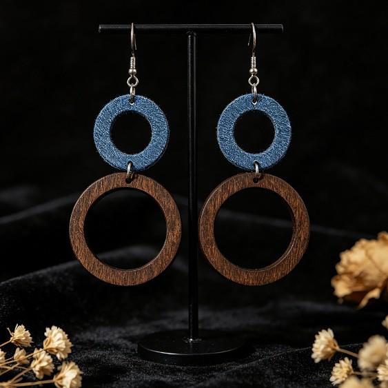 Women's European Style Patchwork Denim & Hollow Wood Round Dangle Hoop Earrings