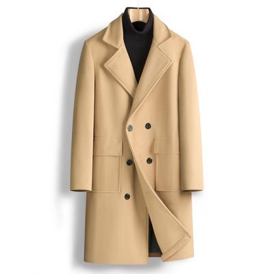 Autumn and Winter Men's Double-breasted Youth Solid Color Casual Medium and Long Woolen Coat Men