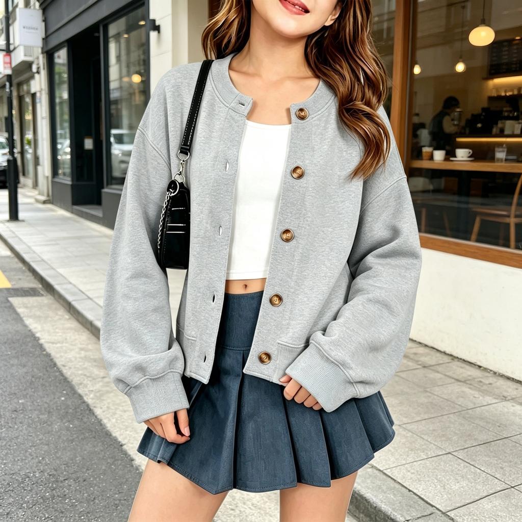 Felpa Cardigan con Bottoni Colorati da Ragazza a Manica Lunga Top Casual