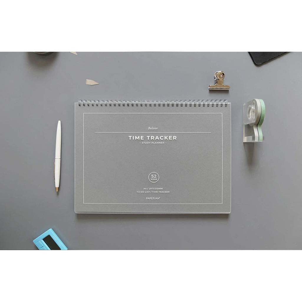 PAPERIAN Believe TIME Tracker - A4-Format drahtgebundener undatierter Studienplaner, Terminplaner (Pink, Kieferngrün, Grau, Violett)