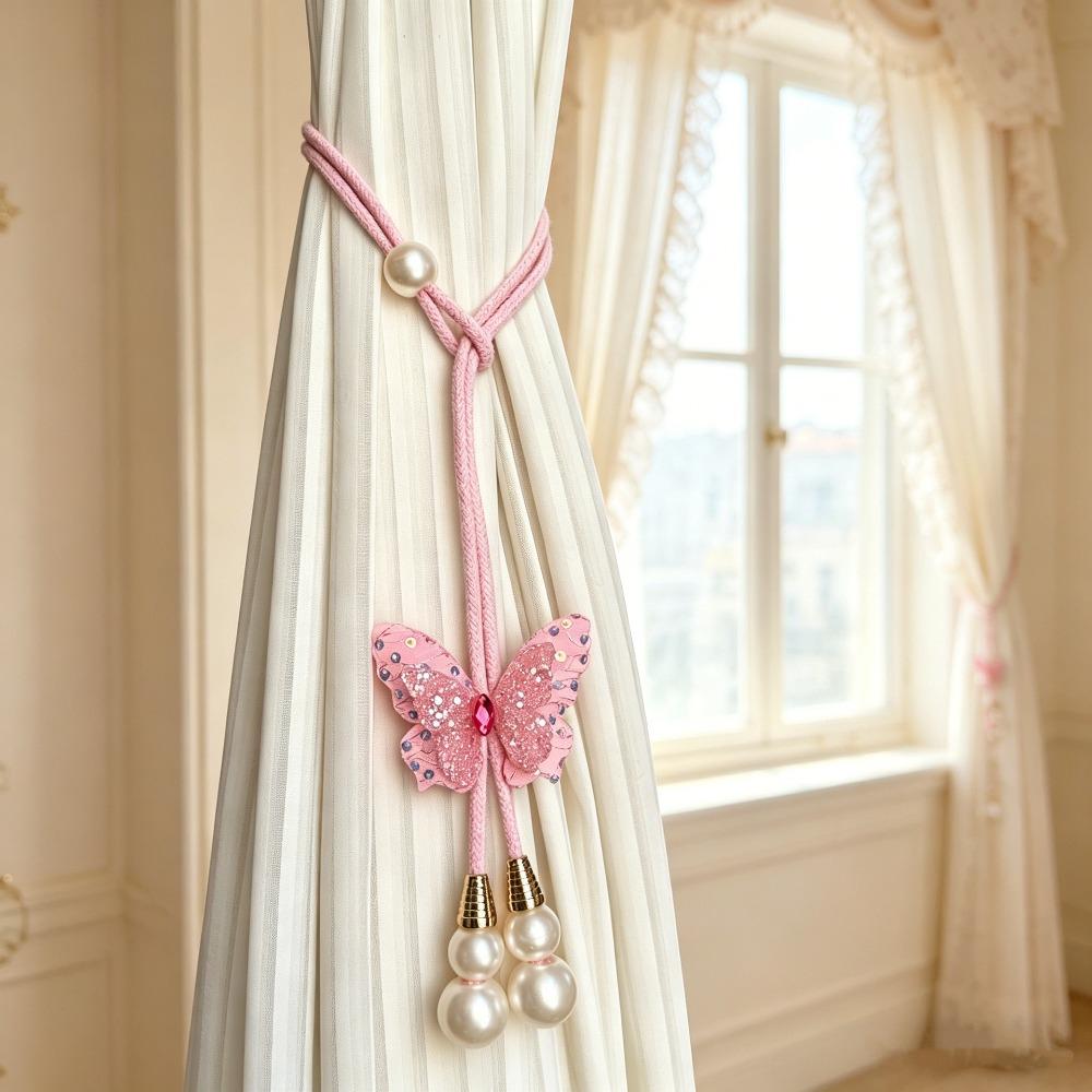 2PCS Adjustable Butterfly Curtain Tie Strap Artificial Pearl Creative Pearl Curtain Buckle Decorative Curtain Tie Back розовый