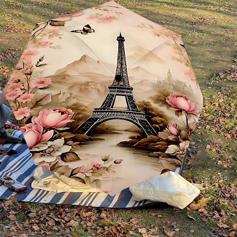 1PC Eiffel Tower Flowers Umbrella-8-Rib Reinforced, Automatic Open, Lightweight & Durable, Cute Fashion Accessory for Outdoor, Beach, or Casual Use, B