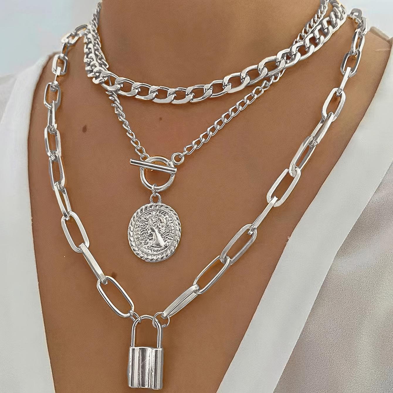 3pcs Vintage Elegant Fashion Metal Round Head Lock Portrait OT Buckle Multi-Layer Necklace -Personality Hip-Hop Layered Clavicle 22.7in(57.66cm) серебряный