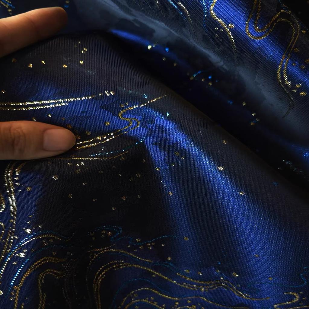 Dark Blue Gold Thread Jacquard Fabric Horse-Face Skirt Dress DIY Sewing Designer Cloth Background Decoration Material
