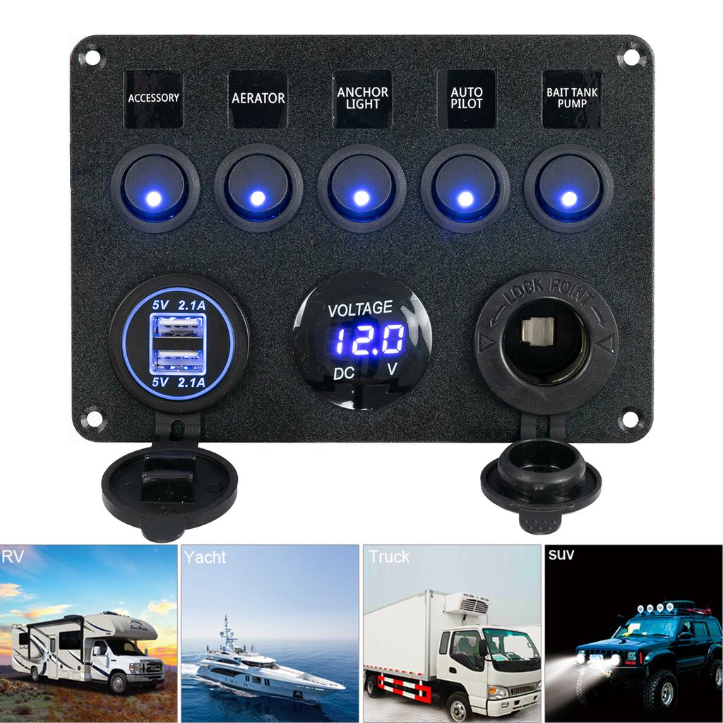 5 Gang LED Rocker Switch Panel Control Dual USB Port Încărcător Circuit Breaker ON-OFF Toggle pentru mașina, camioanele, barca marină, RV 12V 24V
