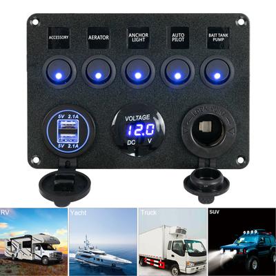 5 Gang LED Rocker Switch Panel Control Dual USB Port Charger Circuit Breaker ON-OFF Toggle For Car Trucks Marine Boat RV 12V 24V