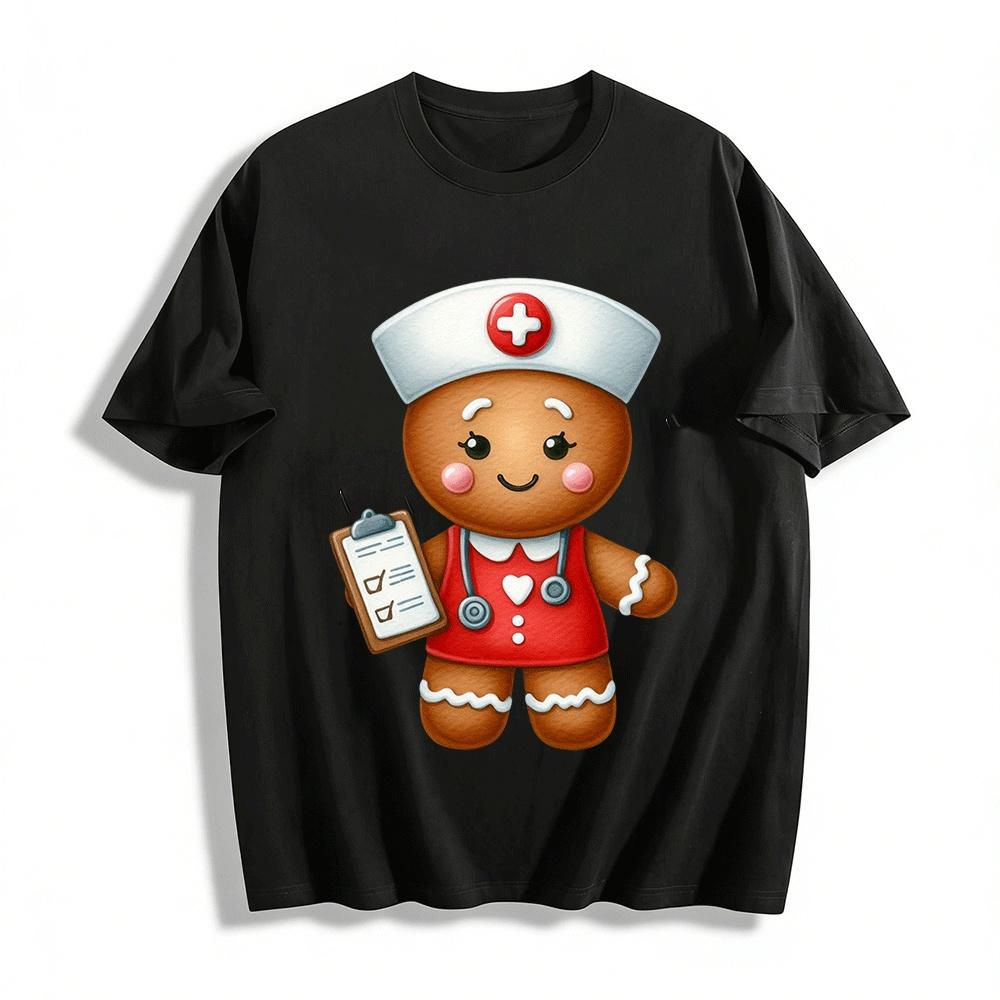 Christmas Gingerbread Nurse Print Casual Top Pure cotton T-shirt XXS