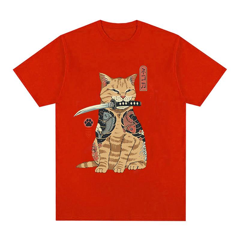 Funny Cotton Japanese Samurai Cat T Shirt Lover T Shirts Cat T-Shirts Retro Casual Short Sleeve Tshirt Unisex Women Clothes