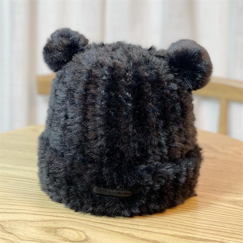 Large Head Circumference Soft and Cute Bear Ear Plush Hat for Women, Warm and Face-Slimming, Loose and Sweet Ear Protection Hat for Autumn and Winter