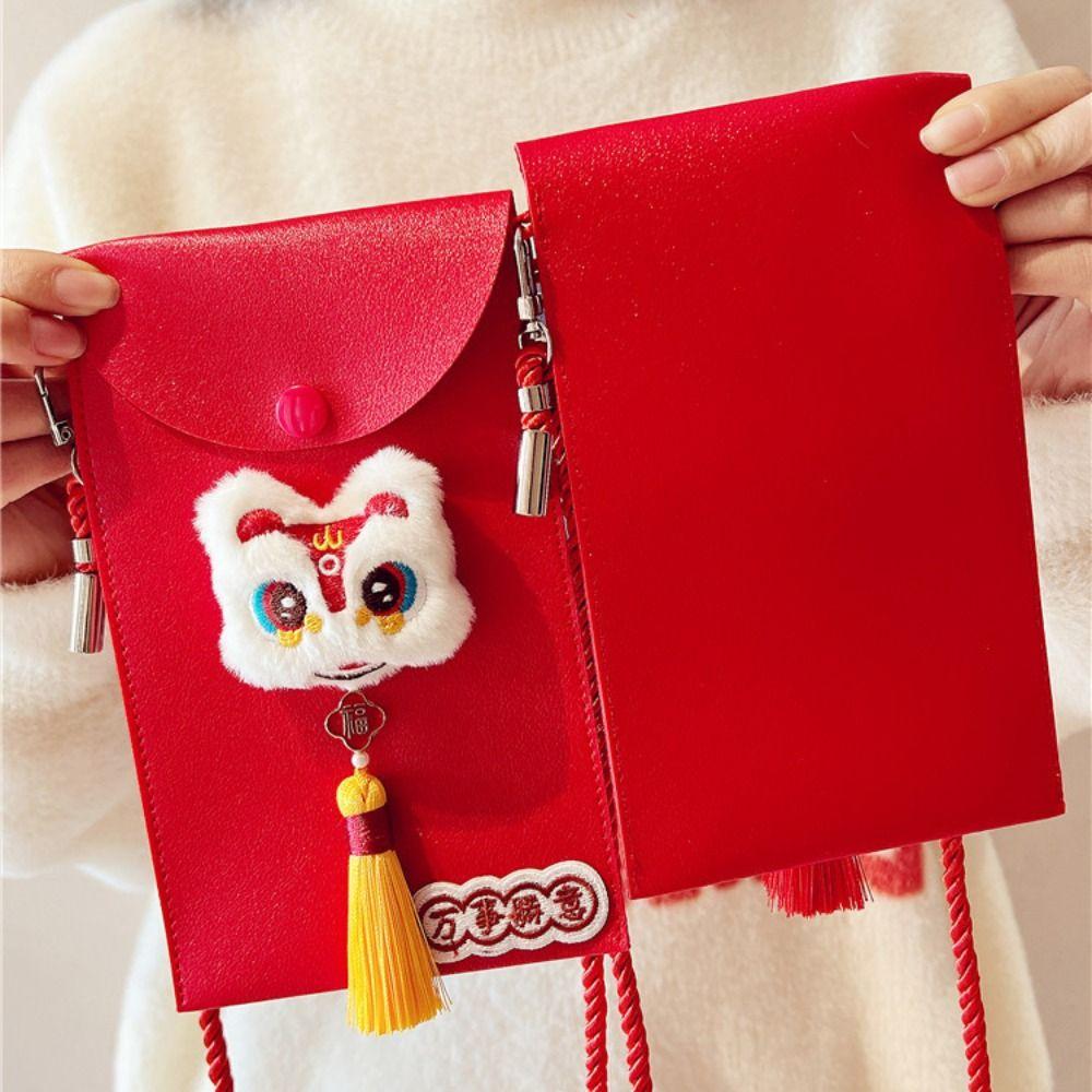 Cross Body PU Leather Red Envelope Tassel Lion Dance New Year Money Envelope  Celebration Party
