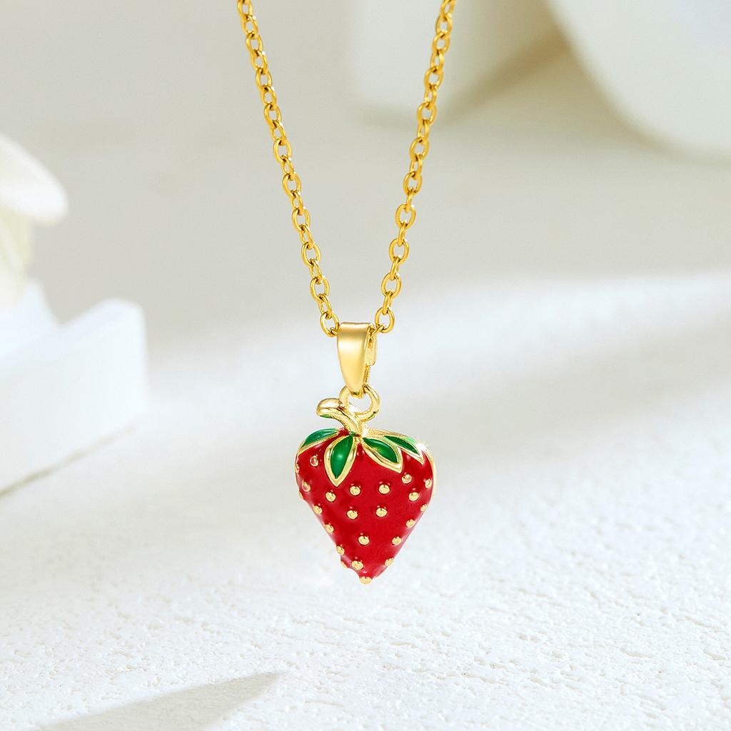 New Sweet and Cute Dripping Oil Strawberry Cherry Titanium Steel Necklace Female Simple Versatile Fruit Series Collarbone Chain