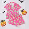 Halloween Women Pajamas Set Ghost Pumpkin Print Short Sleeve Button Down Shirts And Shorts Sleepwear Set 2 Piece Loungewear Pjs Short Set